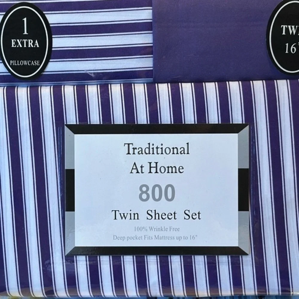 Traditional At Home 4 pc Twin Sheet Set Purple Passion and white stripes.